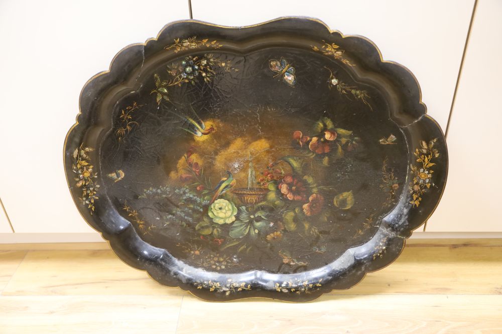 A Victorian papier mache painted tray by Jennens & Bettridge, width 79cm